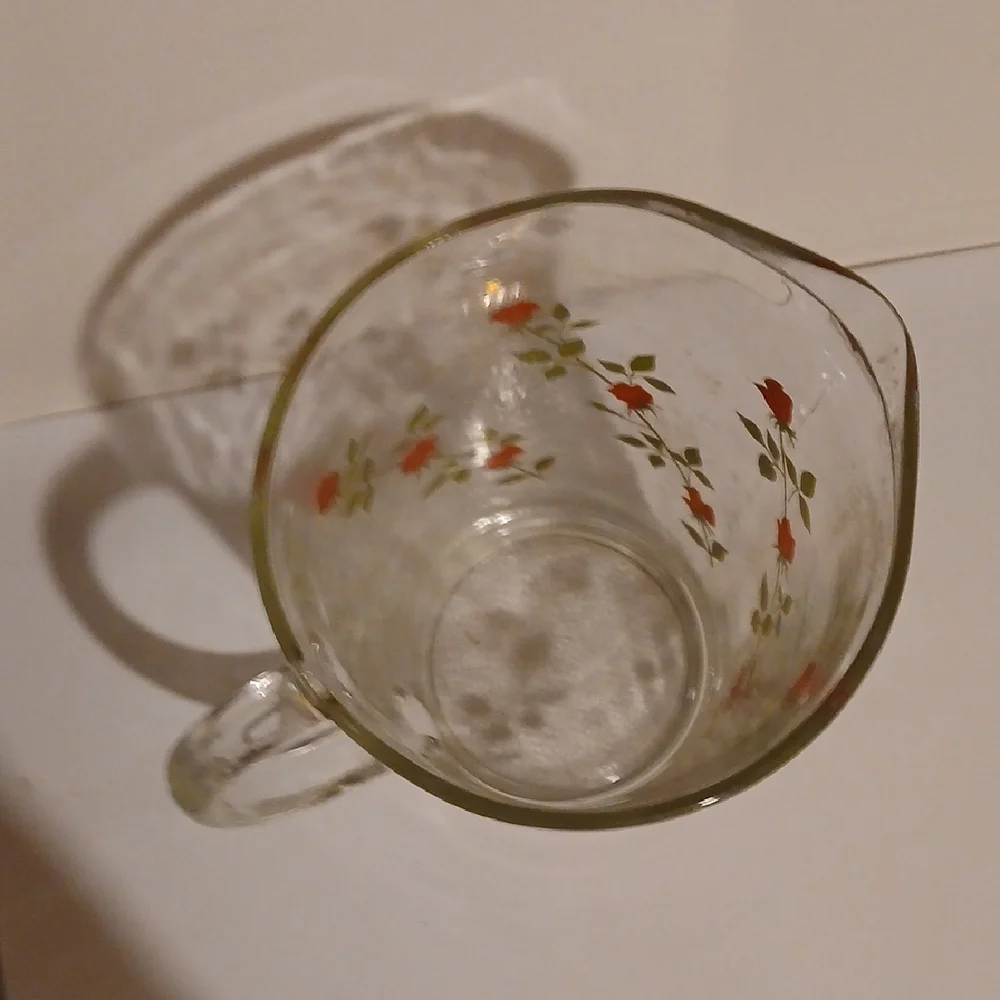 Vintage Mcm Glass Pitcher with Red Floral Design Barware Anchor Hocking
